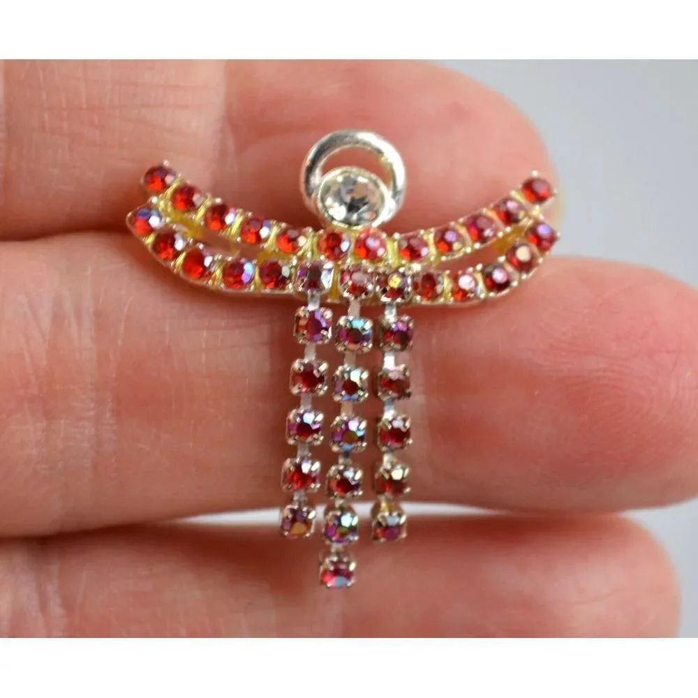 Vintage Silver Tone Jeweled Angel‎ Tac Pin Red Rhinestones & 1 Clear  1.25
